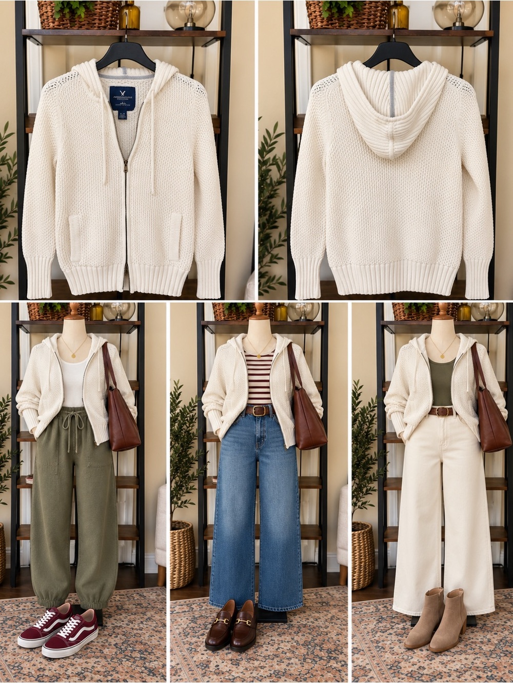 American Eagle Outfitters Cream Textured Knit Hoodie Cardigan